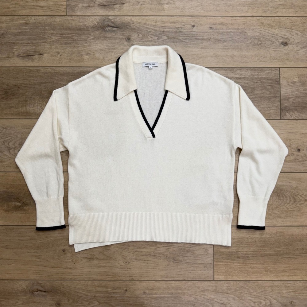 Veronica Beard Koko Johnny Collar Polo Sweater Ivory Cotton Cashmere XL